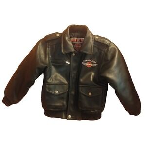 Harley Davidson Youth Size 7 Black Faux Leather Bomber Jacket Quilted Lining